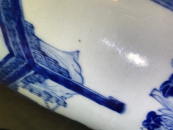 A pair of Chinese blue and white vases with ladies at a table, 19th C.