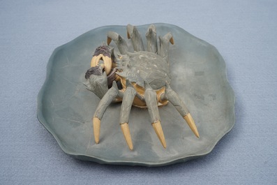 A Chinese Yixing stoneware crab on lotus-shaped dish, 20th C.