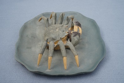 A Chinese Yixing stoneware crab on lotus-shaped dish, 20th C.