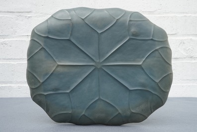 A Chinese Yixing stoneware crab on lotus-shaped dish, 20th C.