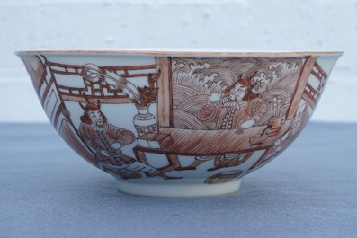 A Chinese iron red bowl and dish with the three star-gods Fuxing, Luxing and Shoushing, 19/20th C.