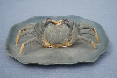 A Chinese Yixing stoneware crab on lotus-shaped dish, 20th C.