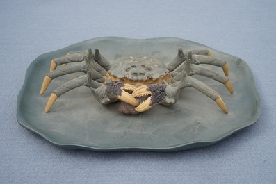 A Chinese Yixing stoneware crab on lotus-shaped dish, 20th C.