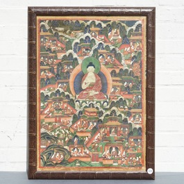 A thangka with scenes from the life of Buddha, Tibet or Mongolia, 18/19th C.