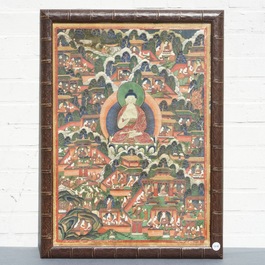 Een thangka met sc&egrave;nes uit het leven van Boeddha, Tibet of Mongoli&euml;, 18/19e eeuw