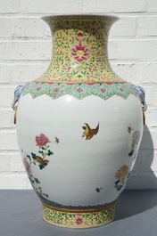 A Chinese famille rose hu vase with quails, Jiaqing mark, 19/20th C.