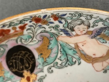 A Chinese Dutch market armorial plate with the arms of Langerak, dated 1744, Qianlong