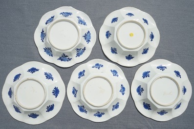 Five Chinese blue and white lobed plates with floral design, Kangxi