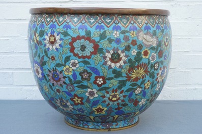 A large Chinese cloisonn&eacute; &quot;Lotus and peony&quot; jardini&egrave;re, 19th C.