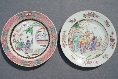 Two Chinese famille verte and rose plates, Kangxi and Yongzheng