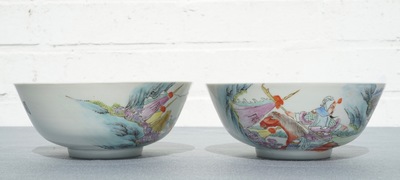 Two Chinese famille rose bowls with warriors, Qianlong mark, 20th C.