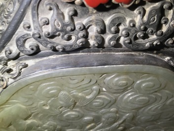 A silver-plated coral, jade and turquoise inlaid ewer and cover, Tibet or Mongolia, 19/20th C.