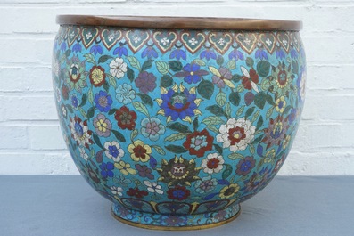 A large Chinese cloisonn&eacute; &quot;Lotus and peony&quot; jardini&egrave;re, 19th C.