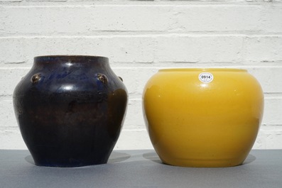 Two Chinese monochrome eggplant- and yellow-glazed jars, 19/20th C