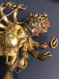 A Sino-Tibetan or Nepalese gilt bronze figure of Yamantaka, 19/20th C.