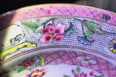 Two pairs of Chinese famille rose and verte plates, Yongzheng/Qianlong