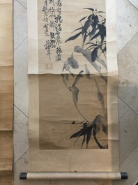 Two Chinese paper scroll paintings of bamboo branches, 19th C.