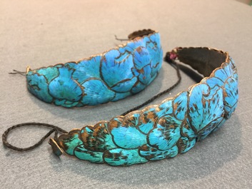 Thirty-one Chinese kingfisher feather ornaments in silver and gilt metal, Qing and 20th C.