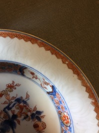 Two Chinese famille verte and Imari-style plates and four cups and saucers, Kangxi and later