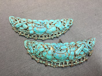 Thirty-one Chinese kingfisher feather ornaments in silver and gilt metal, Qing and 20th C.
