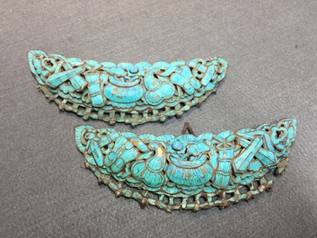 Thirty-one Chinese kingfisher feather ornaments in silver and gilt metal, Qing and 20th C.