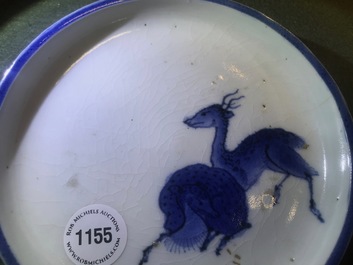 A Japanese blue and white Ai-Kutani saucer dish with two deer, Edo, 17th C.
