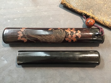 Four Japanese kiseru or tobacco pipe cases, a pipe and a pouch, Meiji, 19th C.