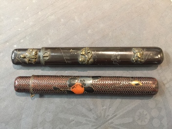 Four Japanese kiseru or tobacco pipe cases, a pipe and a pouch, Meiji, 19th C.