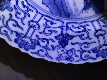 Zes Chinese blauwwitte schotels met 'Joosje te paard', Chenghua merk, Kangxi
