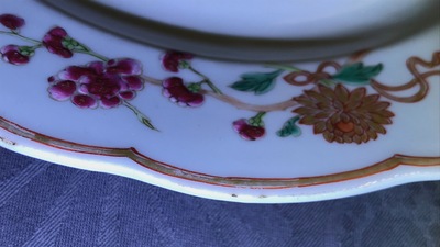 Six Chinese famille rose plates and a cup and saucer, Yongzheng/Qianlong