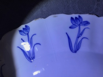 Six Chinese blue and white dishes with a Mongolian hunting scene, Chenghua mark, Kangxi