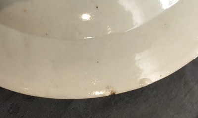 Three Chinese famille rose plates and an oval dish, 18/19th C.