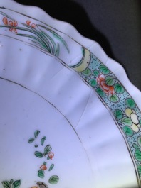 Two Chinese famille verte and rose plates, Kangxi and Yongzheng