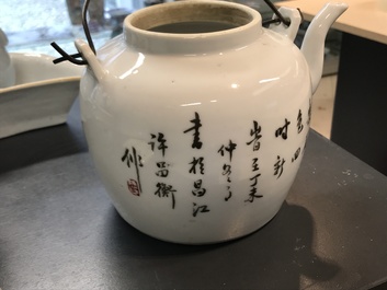 Two Chinese famille rose cups, a qianjiang cai teapot and dish and a miniature hu vase, 19/20th C.