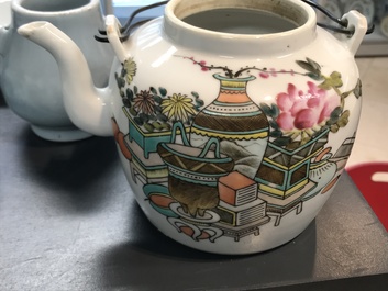 Two Chinese famille rose cups, a qianjiang cai teapot and dish and a miniature hu vase, 19/20th C.