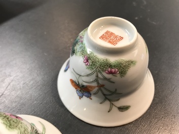 Two Chinese famille rose cups, a qianjiang cai teapot and dish and a miniature hu vase, 19/20th C.