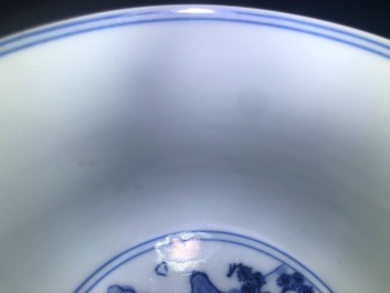 A Chinese blue and white bowl with a fine landscape, Yongzheng mark and of the period