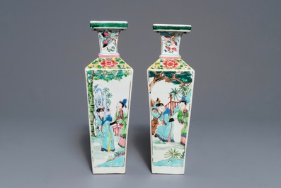 A pair of square Chinese famille rose vases with figures, Yongzheng