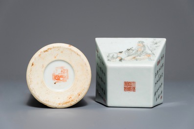 A Chinese famille rose 'Wu Shuang Pu' brush pot and a square wine cup, 19/20th C.