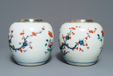 A pair of silver-mounted Chinese rose-Imari jars with floral design, Qianlong