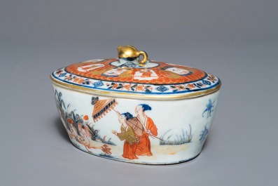 A Chinese Imari style butter tub after Cornelis Pronk: &ldquo;Dames au Parasol&quot;, Qianlong, ca. 1736-1738