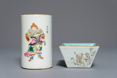 A Chinese famille rose 'Wu Shuang Pu' brush pot and a square wine cup, 19/20th C.