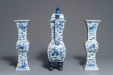 A Chinese blue and white 'Buddhist lions' altar set with incense burner, 19th C.