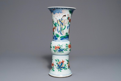 A Chinese wucai gu vase with figures, Shunzhi, Transitional period