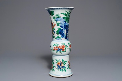 A Chinese wucai gu vase with figures, Shunzhi, Transitional period