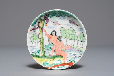 Een in Nederland gedecoreerde Chinese kop en schotel met decor van Adam en Eva, Yongzheng