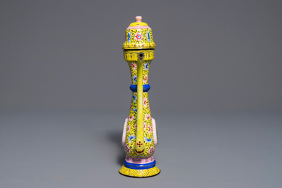 A Chinese yellow ground Canton enamel ewer and cover, 18/19th C.