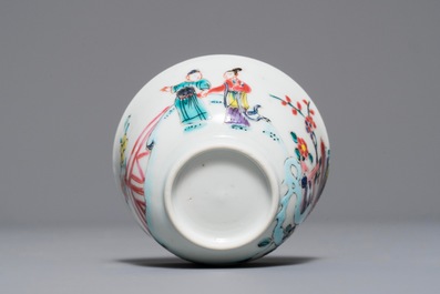 A Chinese famille rose 'Romance of the Western chamber' cup and saucer, Yongzheng/Qianlong