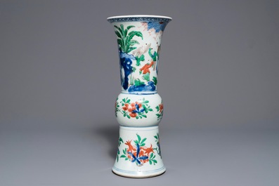 A Chinese wucai gu vase with figures, Shunzhi, Transitional period