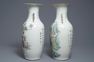 Twee Chinese qianjiang cai vazen met decors van landschappen en vogels, 19/20e eeuw